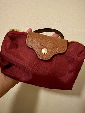 Compact Women's Burgundy Nylon Cosmetic Pouch with Brown Trim